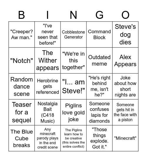 Minecraft Movie Bingo Card