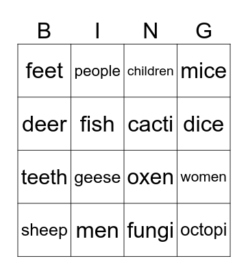 Irregular Plurals! Bingo Card