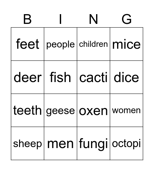 Irregular Plurals! Bingo Card
