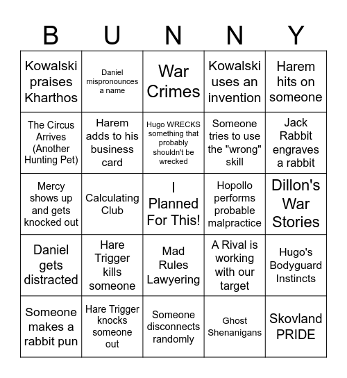 Warrens in the Dark Bingo Card