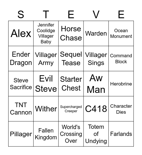 Minecraft Movie Bingo Card