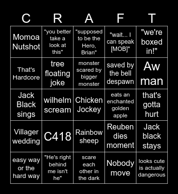 Minecraft Movie Bingo Card