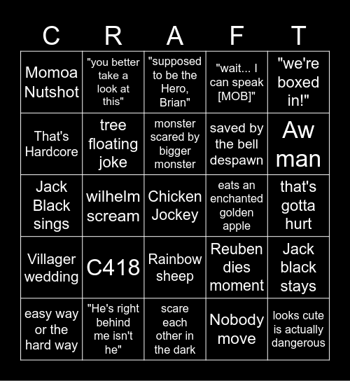 Minecraft Movie Bingo Card