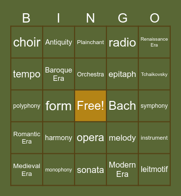 Music History Bingo Card