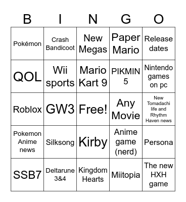 Nintendo Direct Bingo Card