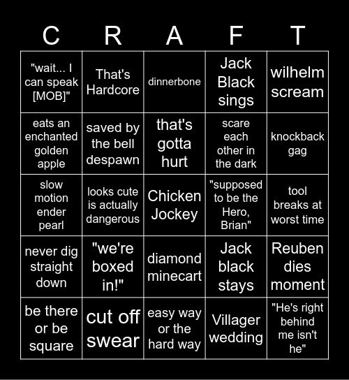 Minecraft Movie Bingo Card