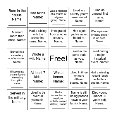 Find An Ancestor Bingo Card