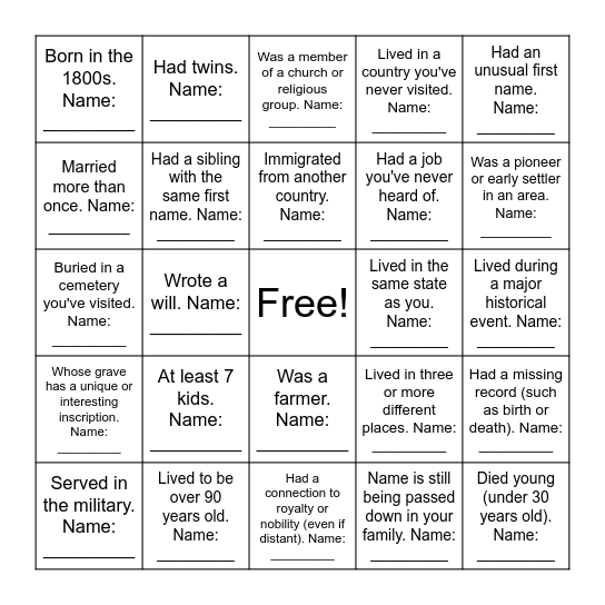 Find An Ancestor Bingo Card