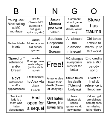 Minecraft Movie Moment Bingo Card