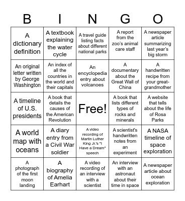 Research Sources Bingo Card