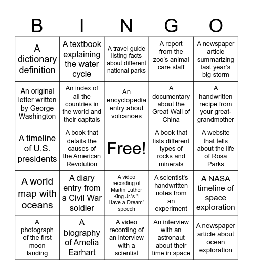 Research Sources Bingo Card