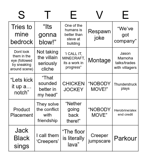 Minecraft Movie B&B Bingo Card