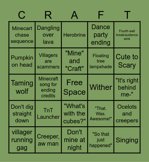 Minecraft Movie Bingo Card