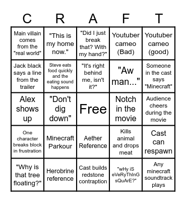 Minecraft Movie Bingo Card