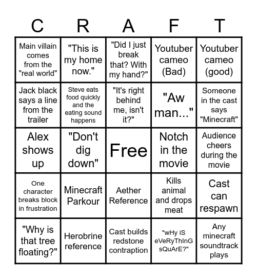 Minecraft Movie Bingo Card