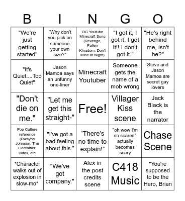 Minecraft Movie Bingo Card
