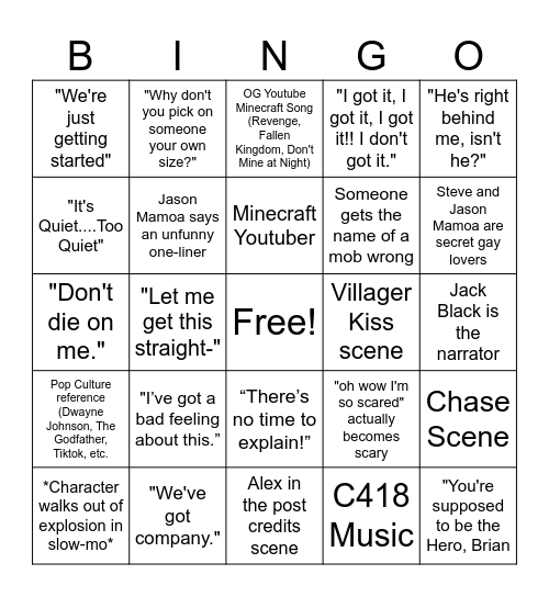 Minecraft Movie Bingo Card