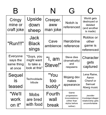 Minecraft Movie Bingo Card