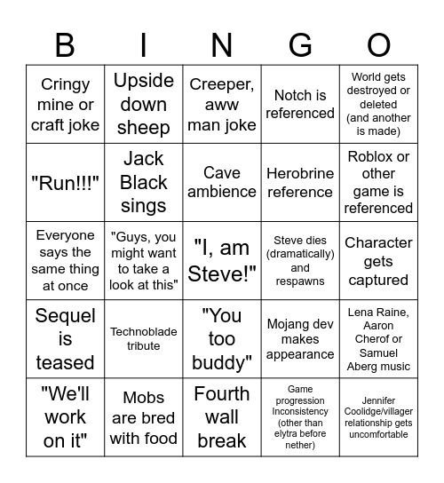 Minecraft Movie Bingo Card