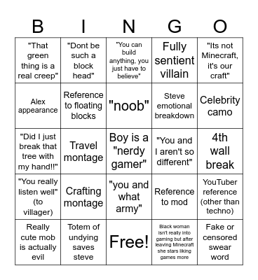 Minecraft Movie Bingo Card