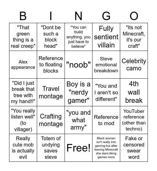 Minecraft Movie Bingo Card