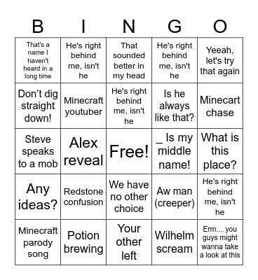 Minecraft Movie Bingo Card