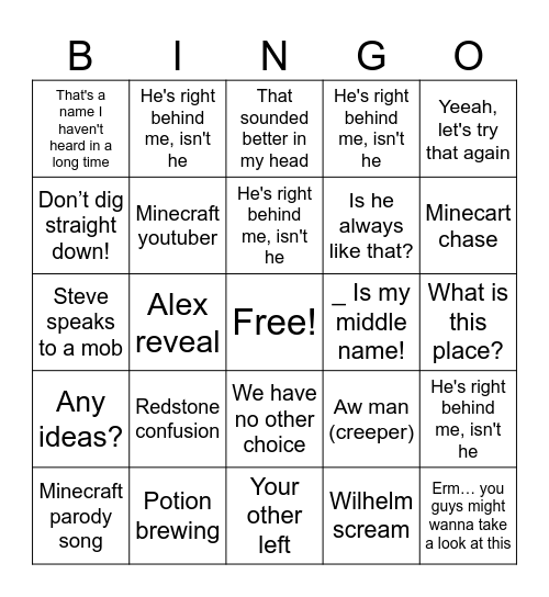 Minecraft Movie Bingo Card