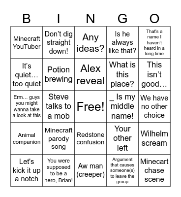 Minecraft Movie Bingo Card
