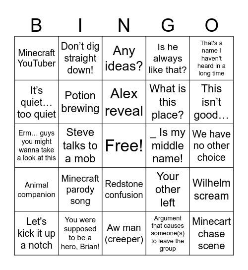 Minecraft Movie Bingo Card