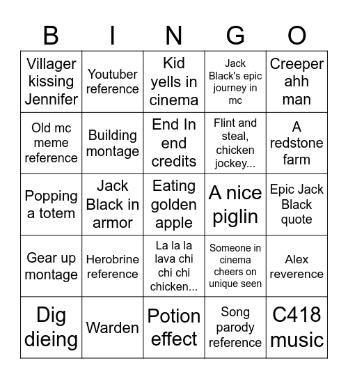 Minecraft movie bingo card Bingo Card