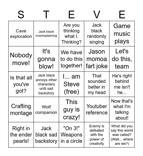 Minecraft movie bingo Card