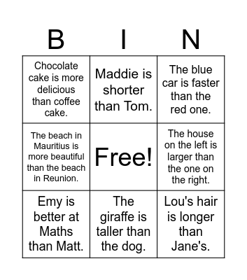 Comparative sentences Bingo Card