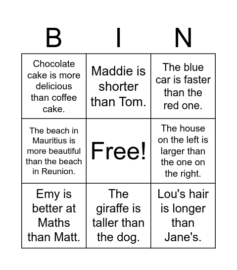 Comparative sentences Bingo Card