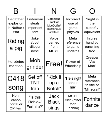 MINECRAFT MOVIE Bingo Card