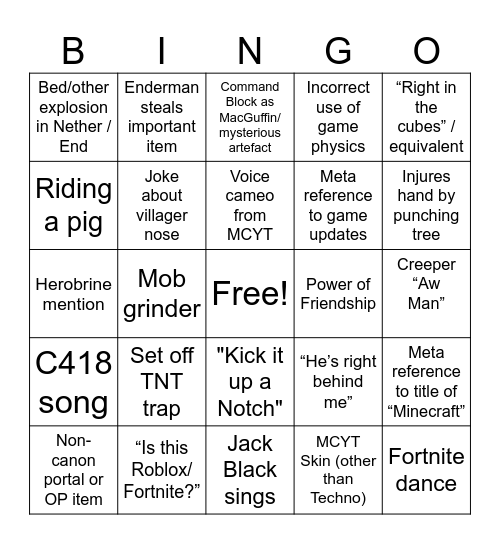 MINECRAFT MOVIE Bingo Card