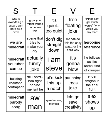 Minecraft Movie Bingo Card