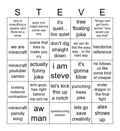 Minecraft Movie Bingo Card