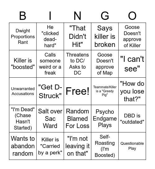 Goose DBD Bingo Card
