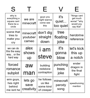 Minecraft Movie Bingo Card