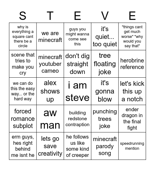 Minecraft Movie Bingo Card