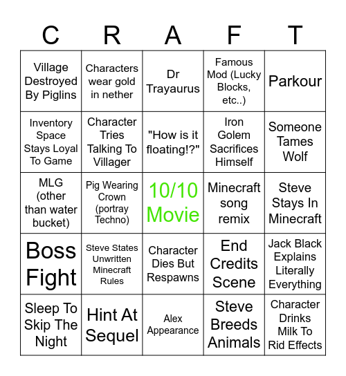 Minecraft Movie Bingo Card