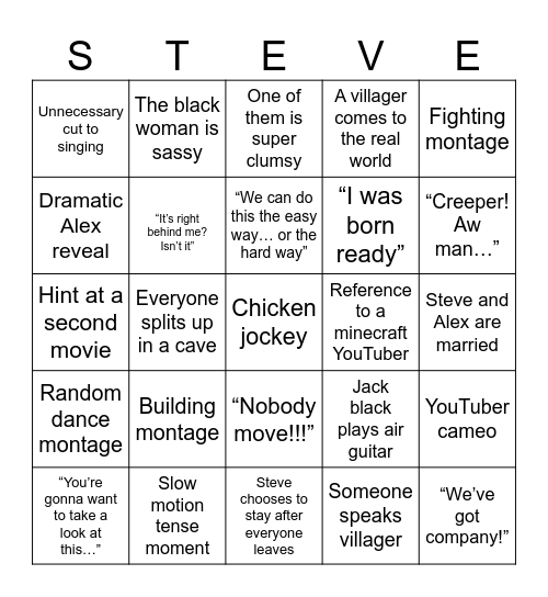 Minecraft movie Bingo Card