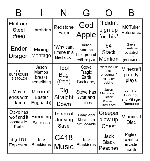 Slab Minecraft Movie Bingob Bingo Card