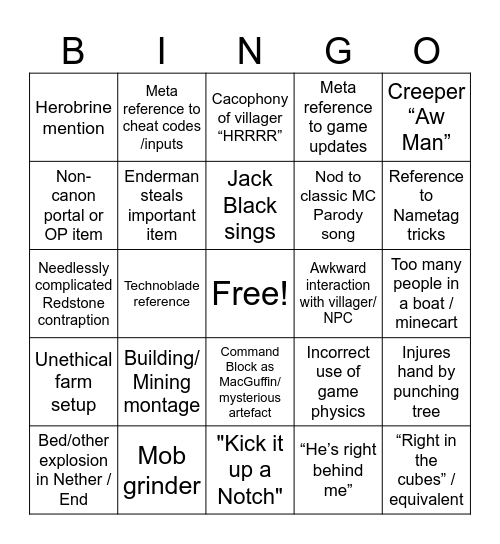 MINECRAFT MOVIE Bingo Card