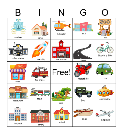 Transport + Places Bingo Card