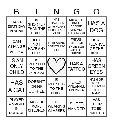 Bridal Bingo Card