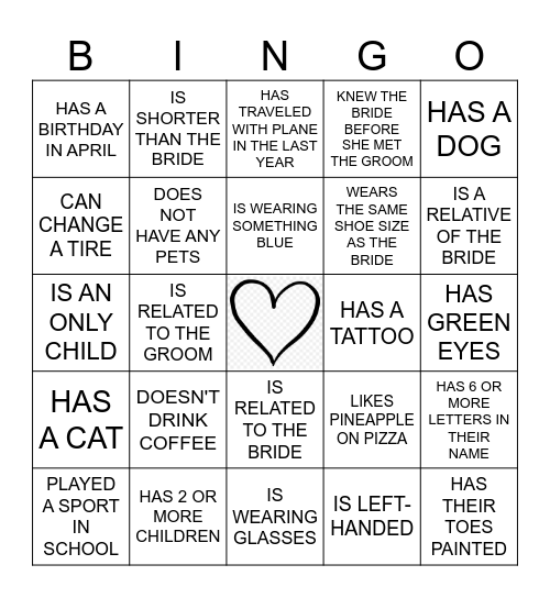 Bridal Bingo Card