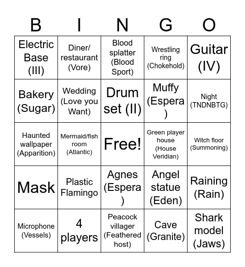 Sleep Token ACNH Bingo Card