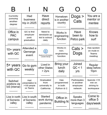 2025 Qemerge Fun Networking Bingo Card
