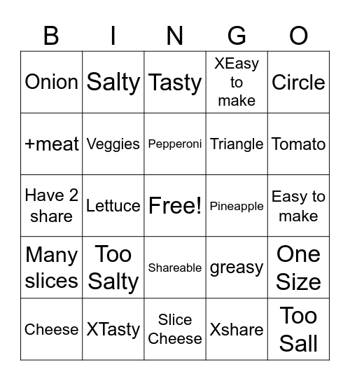 Debate Pizza/Hamburger Bingo Card